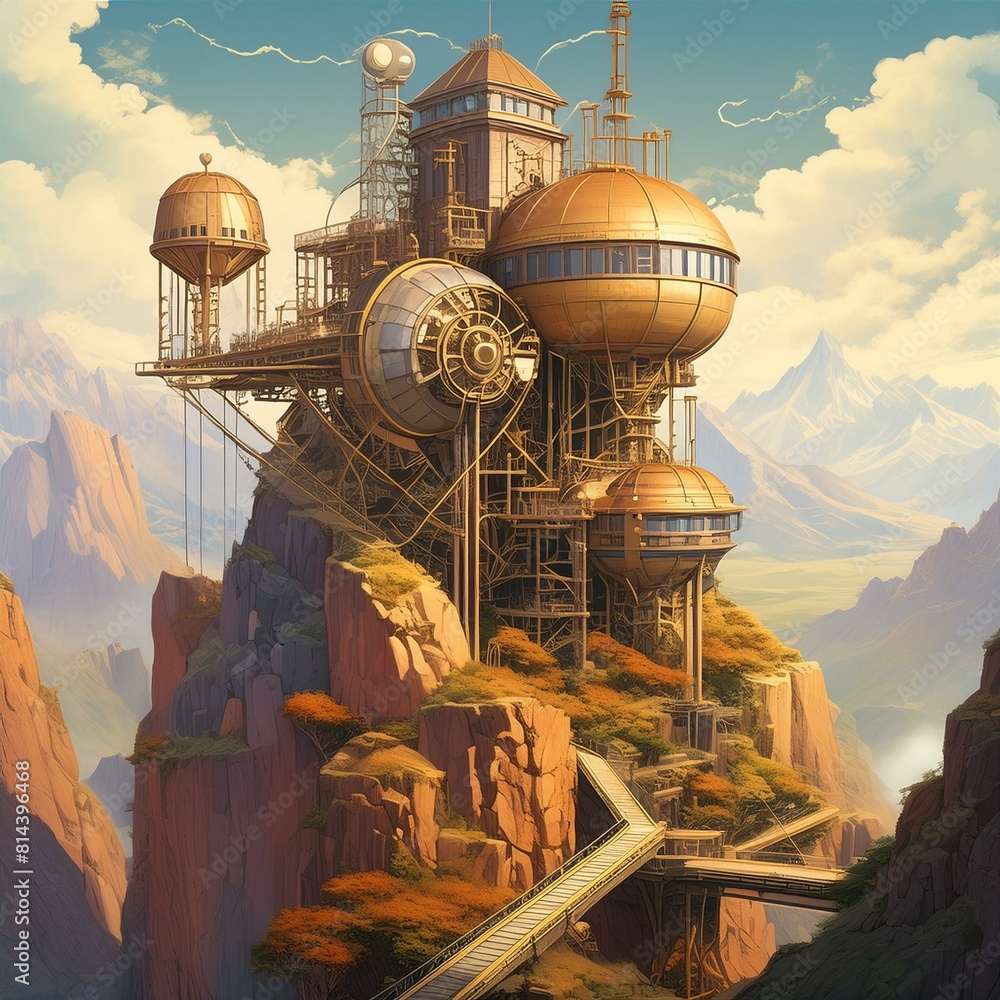 A futuristic steampunk mountain range with mechanical mines, gear-laden structures embedded A futuristic steampunk mountain range with mechanical mines, gear-laden structures embedded