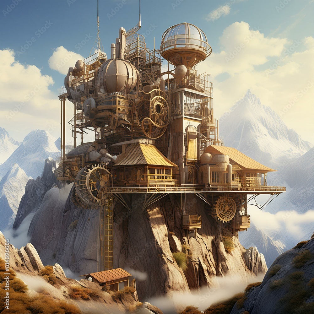 A futuristic steampunk mountain range with mechanical mines, gear-laden structures embedded