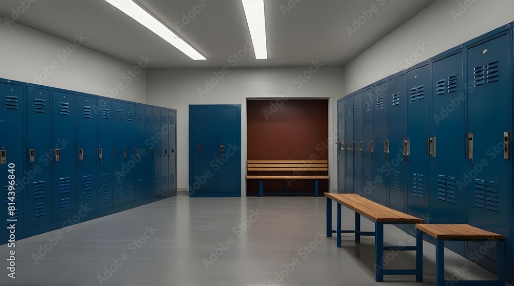 Obraz premium Blue metal storage lockers with an accompanying wooden.generative.ai