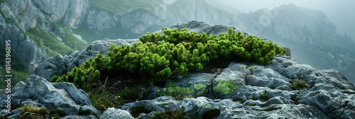 mountain rock with green bushes and scree in foreground realistic nature and landscape photo