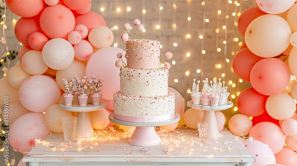 magical fairy tale party setting with delicate fairy lights woven through pastel balloons and soft confetti magical fairy tale party setting with delicate fairy lights woven through pastel balloons and soft confetti