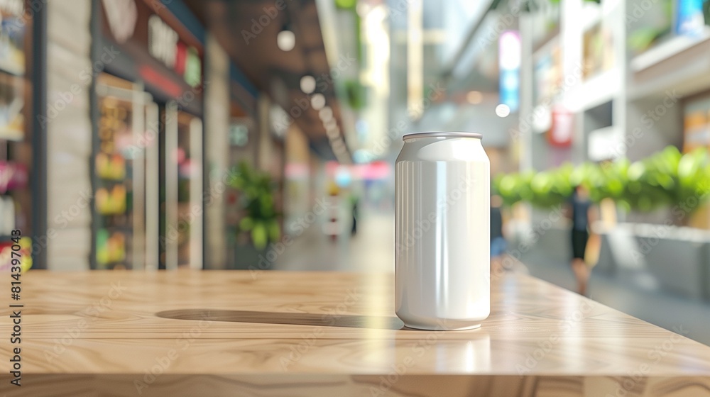 Can mock up packaging for promote product advertisement, perfect for catching the eye on store shelves, shopping mall background Can mock up packaging for promote product advertisement, perfect for catching the eye on store shelves, shopping mall background