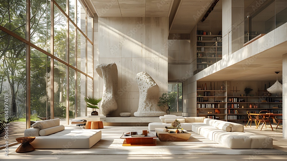 Closeup of a modern gallerystyle living room showcasing a dramatic