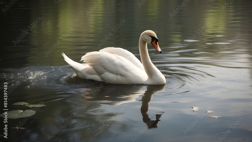 Fototapeta premium A graceful swan gliding across a serene lake, leaving ripples behind. --ar 3:2 --v 4 