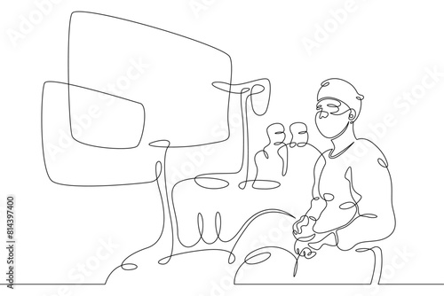 One continuous line.Doctor surgeon performs an operation using a monitor. Laparoscopy surgery.Continuous line drawing abstract logo.Lineart isolated white background.