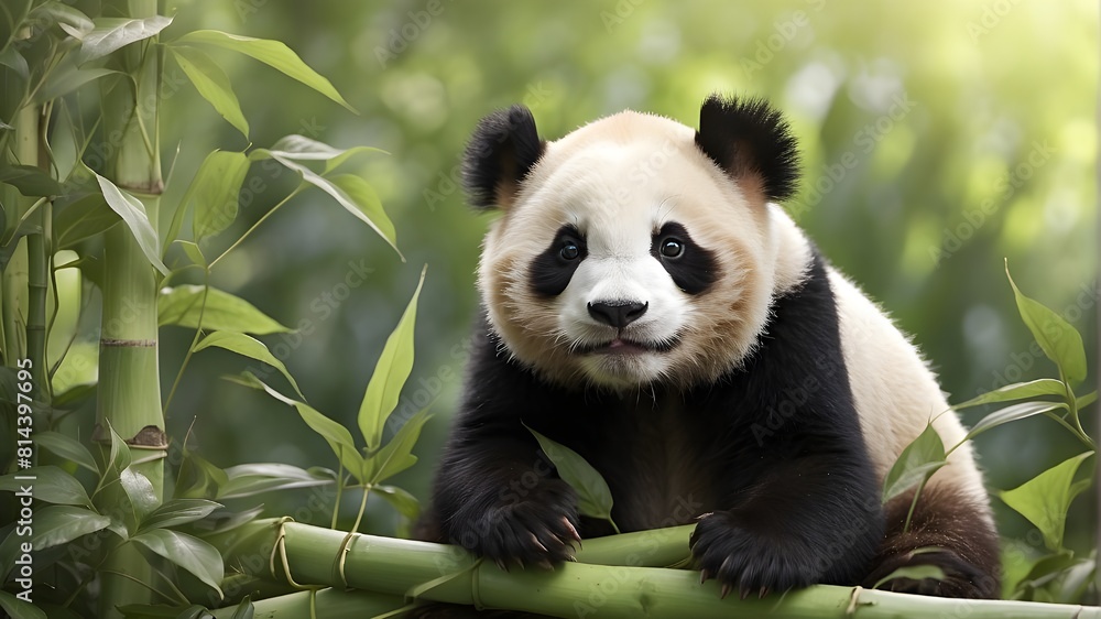 Fototapeta premium An adorable pandaing on bamboo shoots with its black and whitefur. --ar 3:2 --v 4 