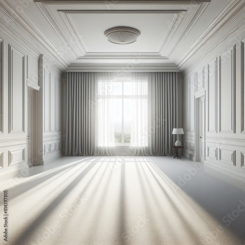 A Room with a template mockup poster empty white and with a large window and curtains image art realistic harmony.
