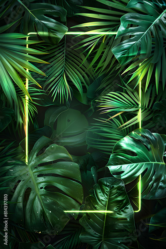 Neon frame embraced by tropical leaves on dark background