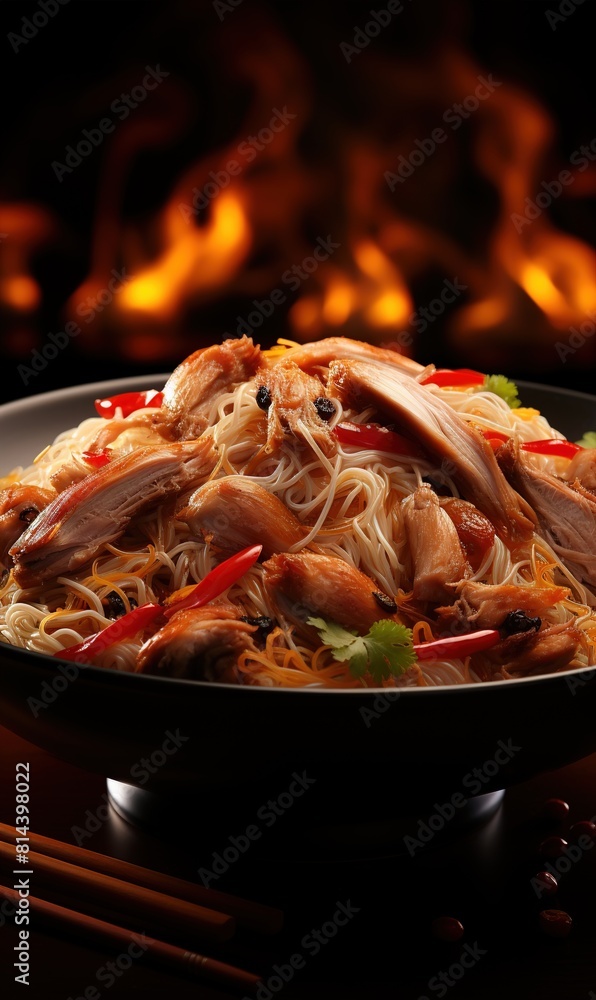 Asian fried buckwheat noodles with chicken on coloured background Asian fried buckwheat noodles with chicken on coloured background
