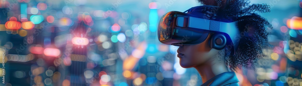 The woman wearing VR headset is experiencing virtual world. The woman wearing VR headset is experiencing virtual world.