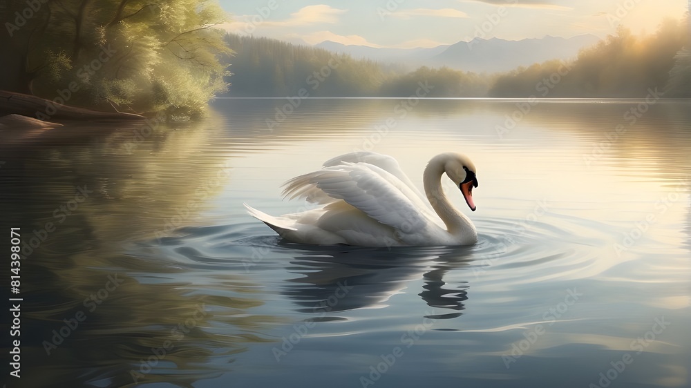 Fototapeta premium A graceful swan gliding across a serene lake, leaving ripples behind. --ar 3:2 --v 4 