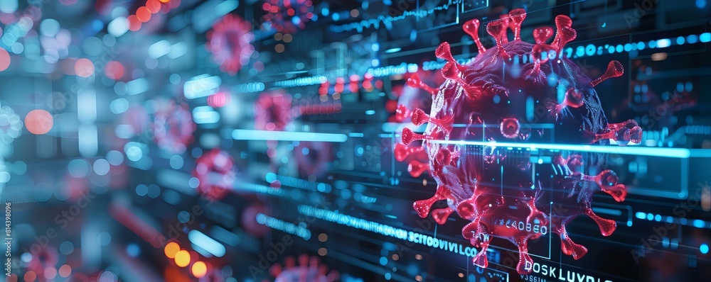 This is an image of a virus. The virus is red and blue and is surrounded by a dark background. The virus looks like it is attacking a human cell. This is an image of a virus. The virus is red and blue and is surrounded by a dark background. The virus looks like it is attacking a human cell.