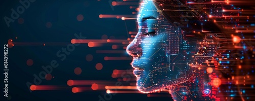The image shows a woman's face. She has brown hair and blue eyes. She is looking to the right of the frame. Her face is partially obscured by a red and blue digital pattern.