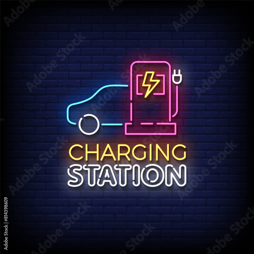 charging station neon Sign on brick wall background vector