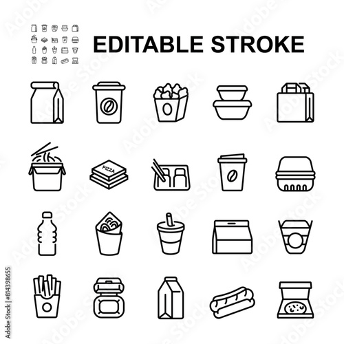 Set of takeaway food and drink icons. Collection of icons in line form.
