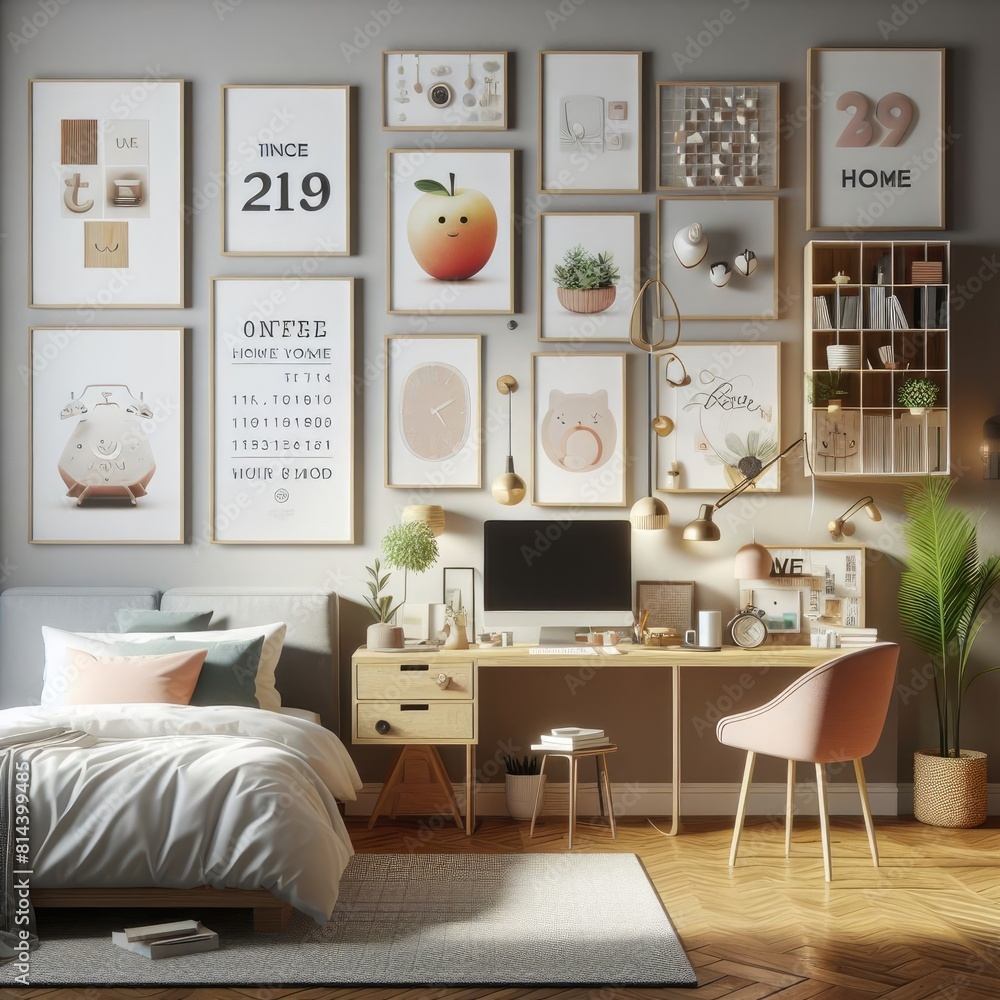 Fototapeta premium Bedroom sets have template mockup poster empty white with a desk and Bedroom interior image art art photo harmony.