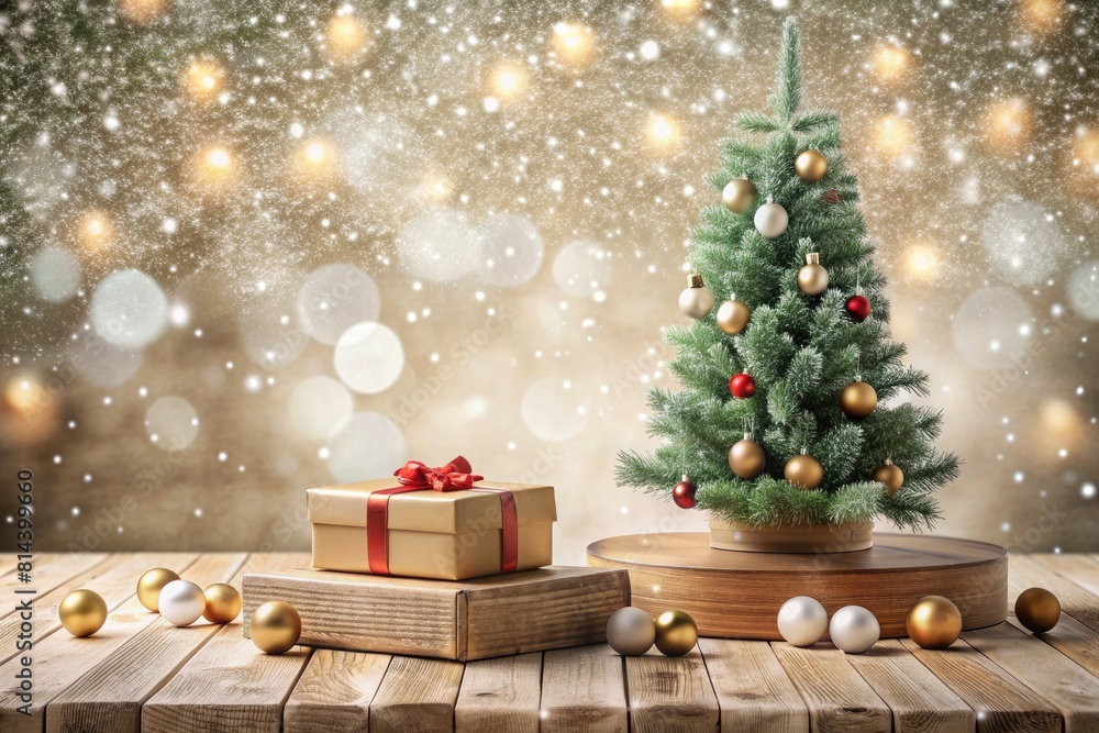 Christmas tree and gift boxes on wooden table with bokeh background