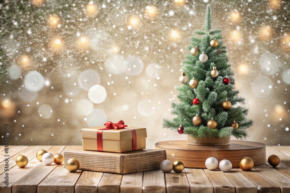 Christmas tree and gift boxes on wooden table with bokeh background Christmas tree and gift boxes on wooden table with bokeh background