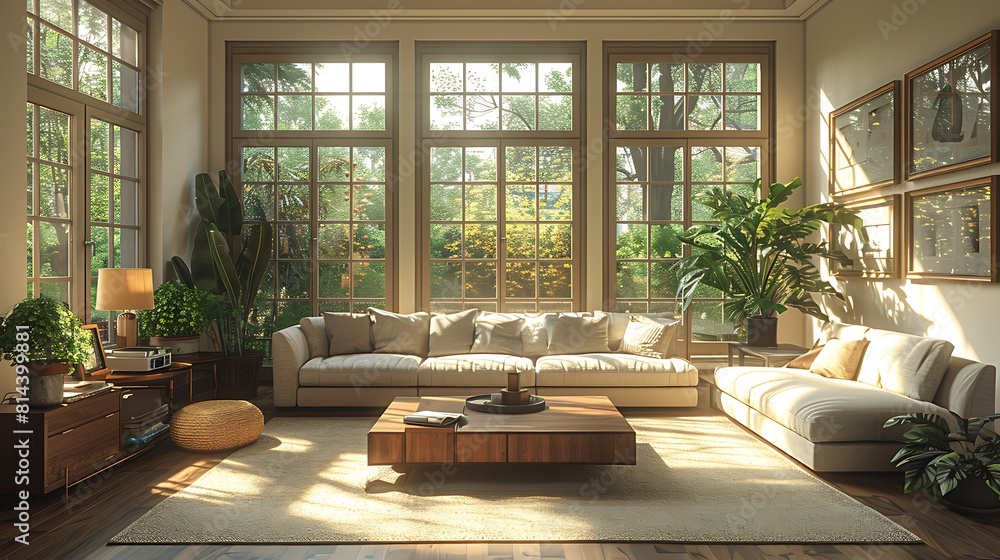 Fototapeta premium Detailed living room showcasing a harmony of vintage art deco items with modern architectural lines, rendered hyperrealistically with a focus on blending historical charm with contemporary elegance.