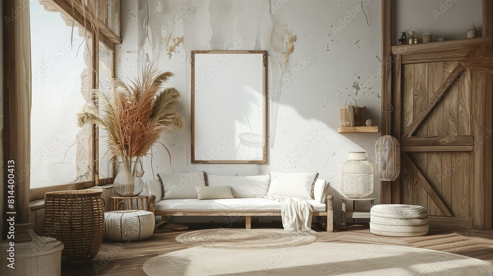 3D Render of a Nomadic Boho Interior with Rustic Decor and Mockup Frame 3D Render of a Nomadic Boho Interior with Rustic Decor and Mockup Frame