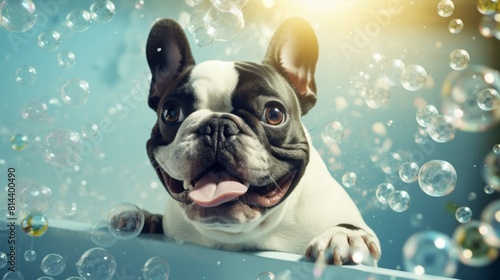 Happy funny french Bulldog dog taking bubble bath among floating shiny bubbles on bathroom background