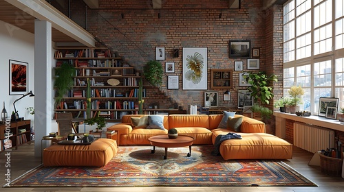 Detailed urban loft living room showcasing an innovative use of under-stair storage and sleek, modern furniture, rendered hyperrealistically with a focus on practicality and style in a small space. © LuvTK