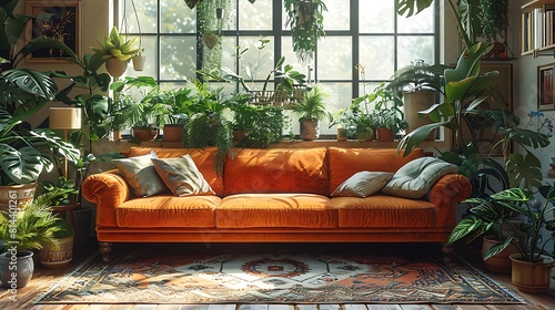 Detailed view of a Bohemian-style living room with a vintage velvet sofa  Persian rugs  and a plethora of plant life  hyperrealistically portrayed with warm lighting and rich textures.
