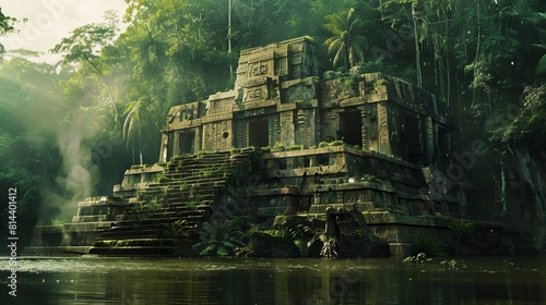 Photo of ancient city ruins  featuring hieroglyphs  lost in the Amazon River