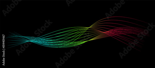 Abstract wavy dynamic blue green violet light lines curve banner on black background in concept technology, neural network, neurology, science, music, neon light photo