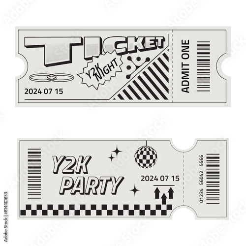 Set of two ticket templates in trendy retro style. Y2k style party ticket with futuristic elements.