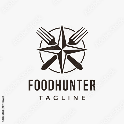 Minimalist Creative compass and fork logo, food travel, food hunter logo design on black background