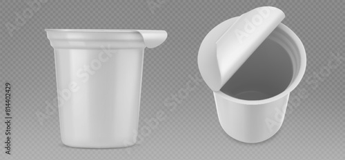 Plastic yogurt cup mockup. Realistic vector illustration set of white closed and open package for cream products. Template of blank round container with foil cap for dairy dessert or cheese.