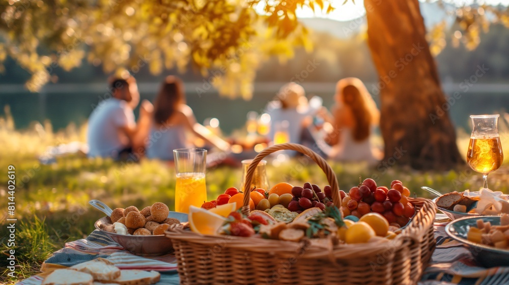 Delicious dishes in a picnic basket with a background family having a picnic in the park Delicious dishes in a picnic basket with a background family having a picnic in the park