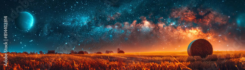 A beautiful landscape of a field of wheat under a starry night sky. The Milky Way is clearly visible  and there is a large moon in the sky. A haystack sits in the foreground.