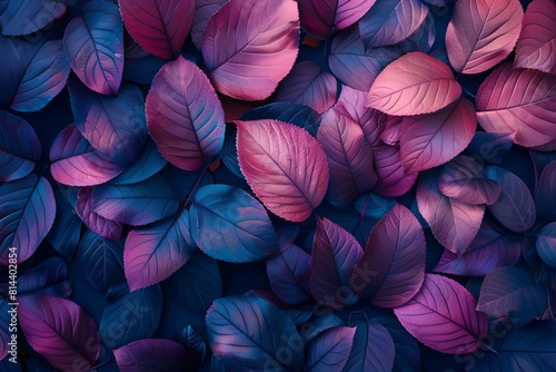 A seamless pattern of overlapping purple and blue leaves with veins