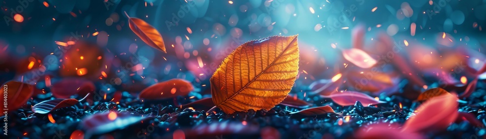 A single leaf falls from a tree, it's colors of red and orange contrasting against a dark blue background A single leaf falls from a tree, it's colors of red and orange contrasting against a dark blue background