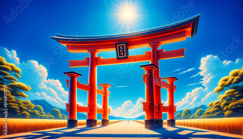 Photorealistic Summer Day  Torii Gate Under a Brilliant Blue Sky 