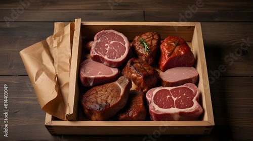Meat delivery box variety of meat chops and packages.generative.ai