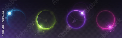 Solar eclipse light circle with bright flare and sparkle. Realistic vector illustration set of neon glowing round and crescent effect effect of sun covered by moon. magic portal or hidden corona.