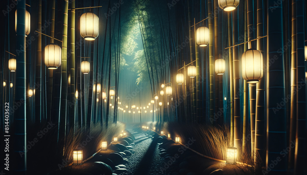 Mystical Evening: Paper Lanterns Illuminating a Bamboo Forest
Mystical Evening: Paper Lanterns Illuminating a Bamboo Forest