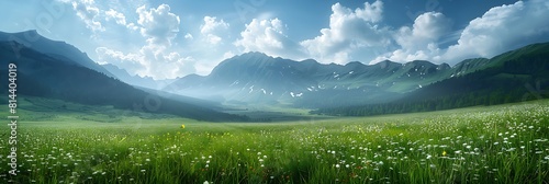 Mountain sky landscape nature hiking meadow scenery realistic nature and landscape #814404019
