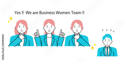 元気な3人のビジネスウーマンチームと無反応なビジネスマン