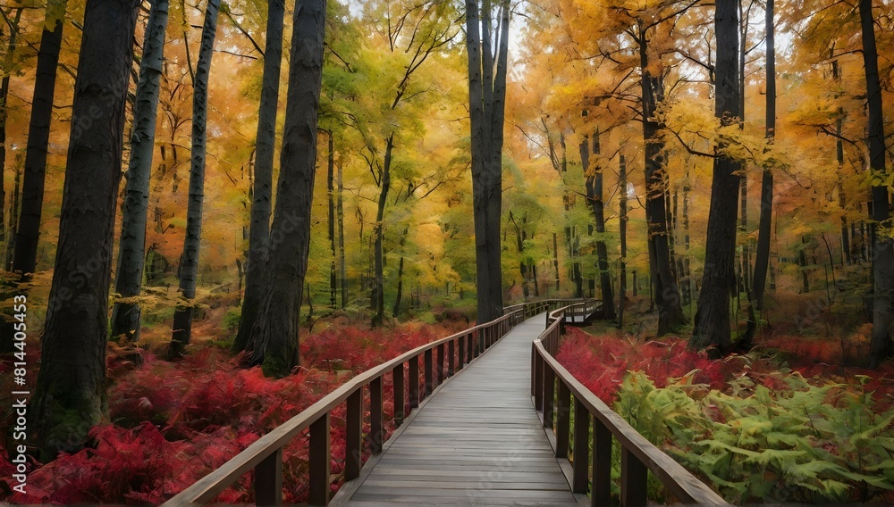 Beautiful wooden pathway going the breathtaking colorful trees in a forest Beautiful wooden pathway going the breathtaking colorful trees in a forest