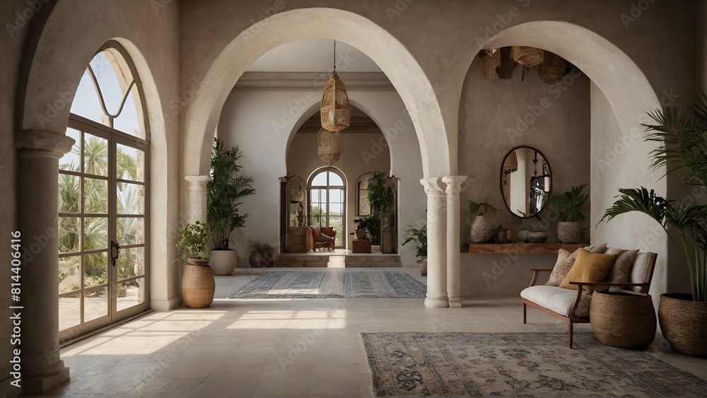 Boho, mediterranean interior design of modern home entryway, hall with arched walls.