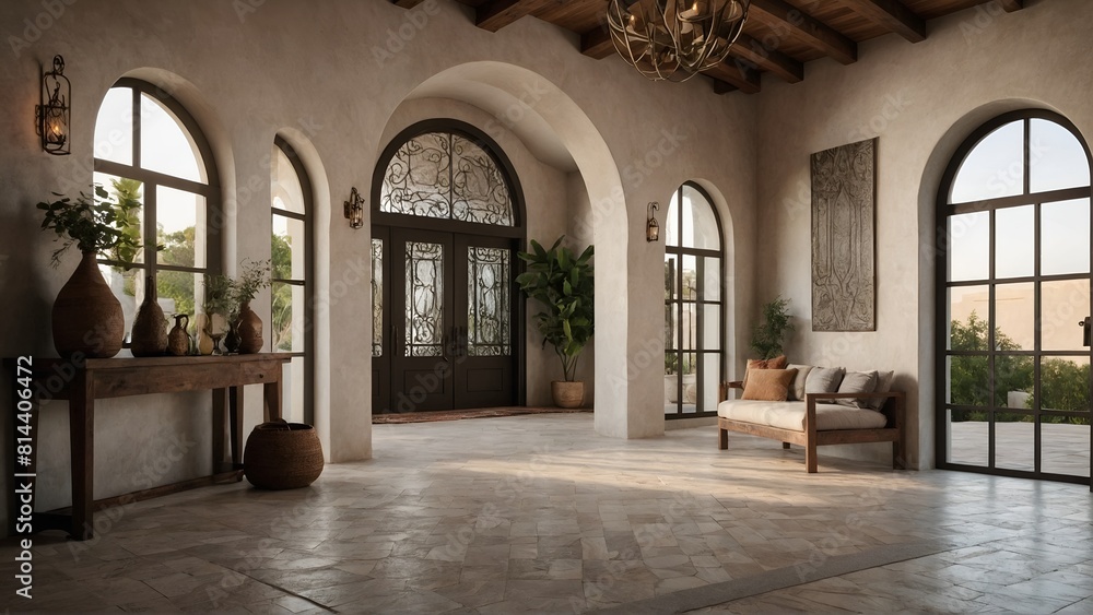 Boho, Mediterranean interior design of modern home entryway, hall with arched walls.