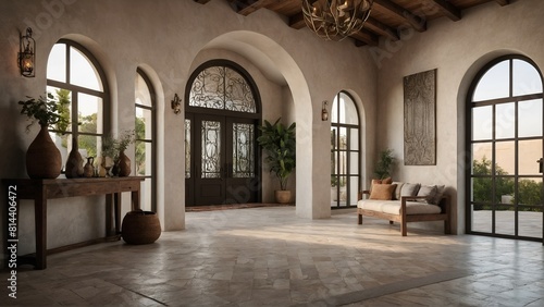 Boho, Mediterranean interior design of modern home entryway, hall with arched walls. © Tahir