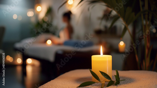 Candle burning in a spa, healing, wellness or aromatherapy business.