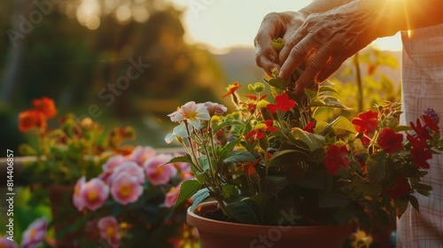 Unrecognizable senior woman gardening on balcony in summer, planting flowers