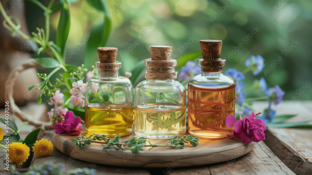 Bottles of essential oils with bowls of dried flowers. Background or logo for spa, wellness, healing, recovery or aromatherapy business. Bottles of essential oils with bowls of dried flowers. Background or logo for spa, wellness, healing, recovery or aromatherapy business.