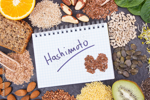 Notepad with inscription hashimoto and best ingredients or products for healthy thyroid. Food as source vitamins